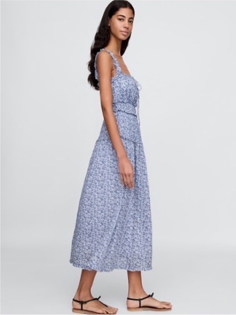 Blue Floral Smocked Midi Dress - Lightweight Summer Dress - Picture 5 of 7